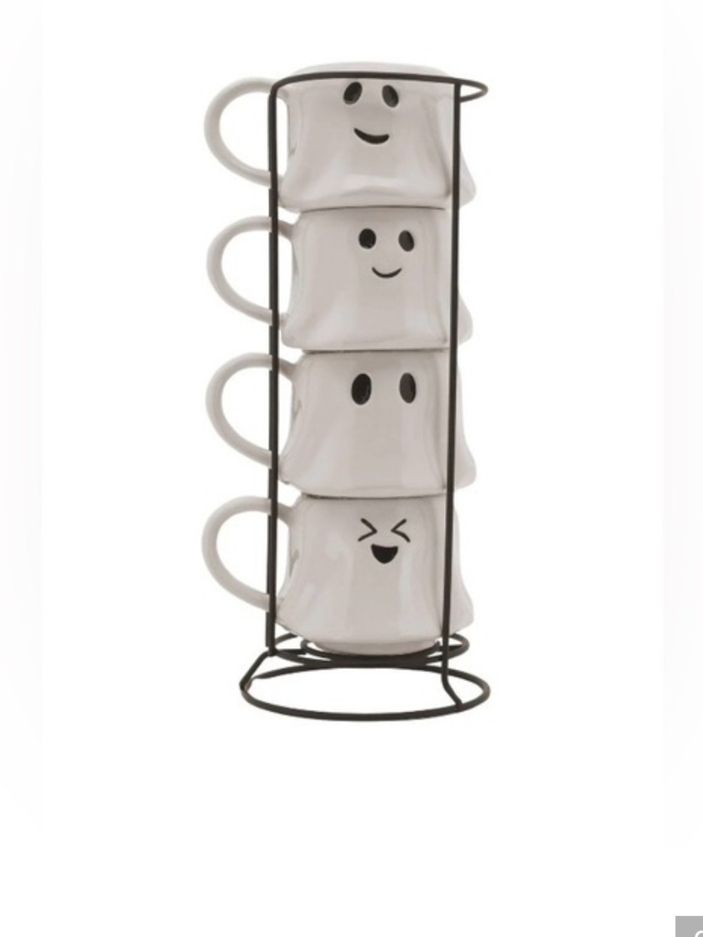 Stackable White Ghost Face Coffee Mugs with Black Metal Rack - Set of 4